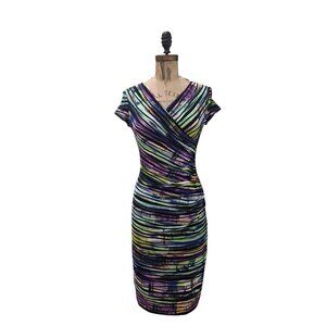 Joseph Ribkoff Striped Faux Wrap Dress Multi Black 2 EUC